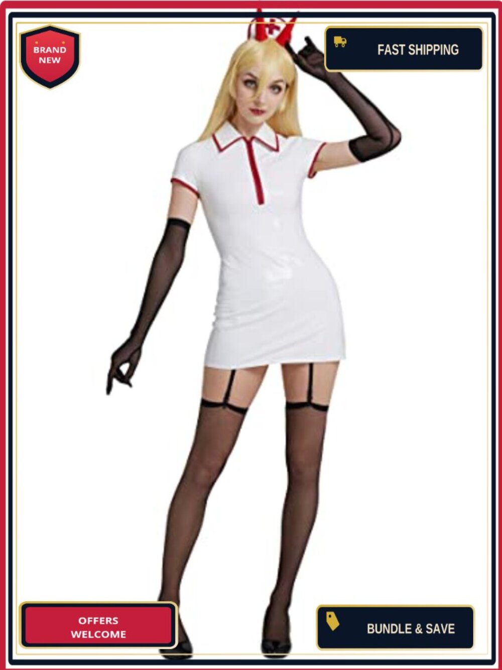 Anime Cosplay Nurse Costume Set Faux Shiny Leather Dress Gloves Stockings